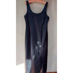 J.R. Nites Petites Womens 14P Black Maxi Dress Sleeveless Front Left Slit Beads
